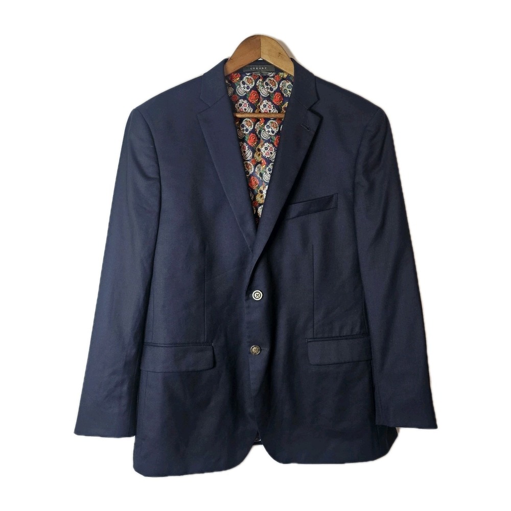 Indochino Blazer Mens 40R Navy Newbury Skull Lining Wool Jacket Timeless Classic